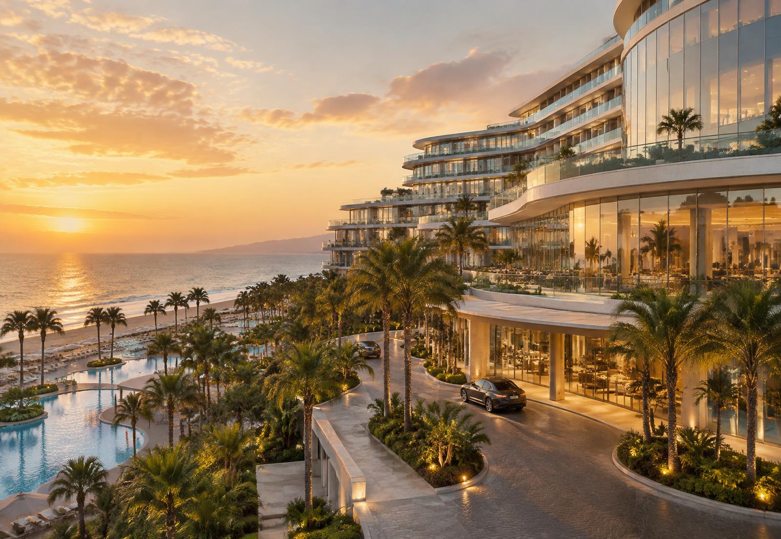 Illustrative rendering of a large integrated beach resort at sunset