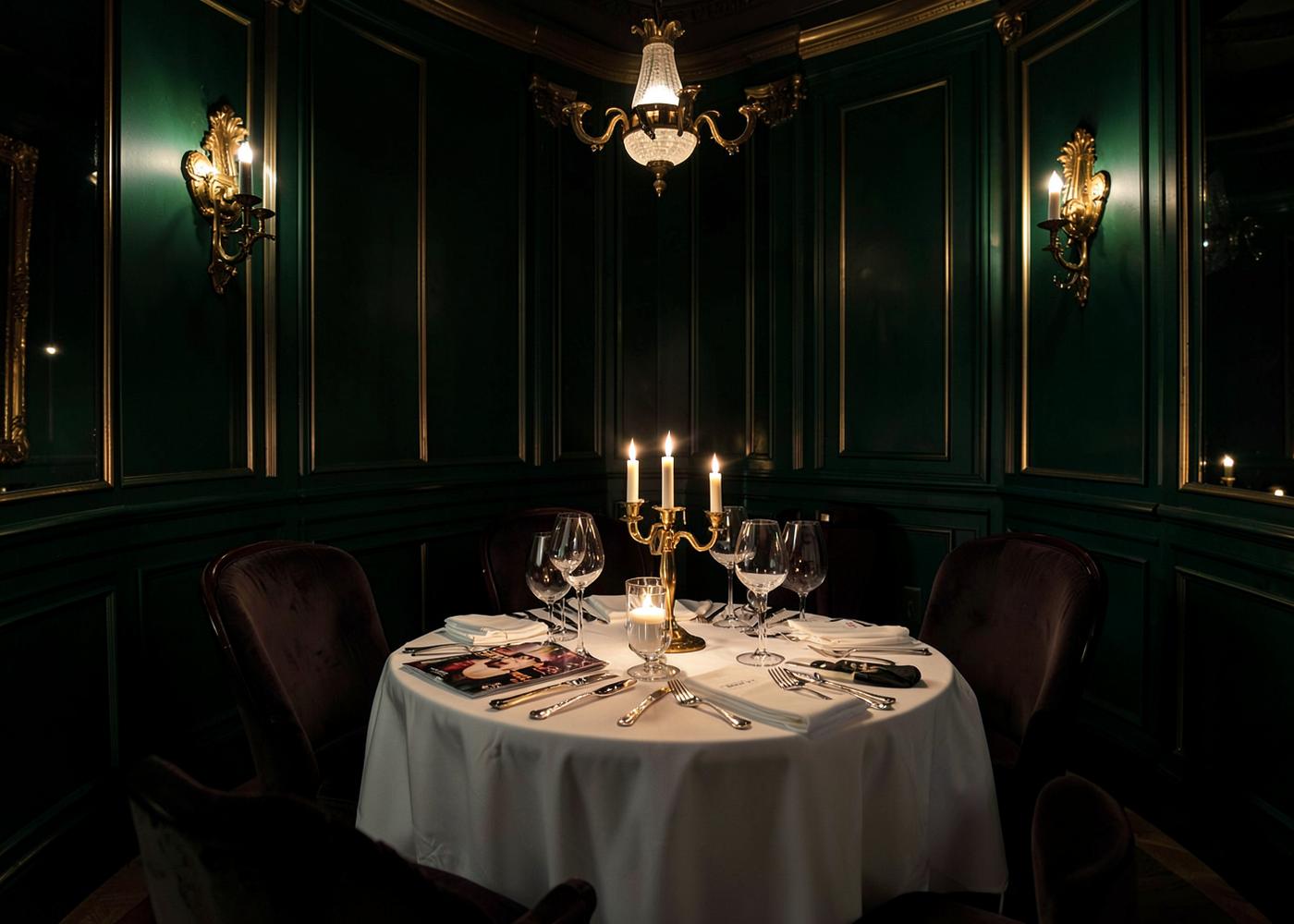 Illustrative image of a candlelit fine dining room with green panelled walls